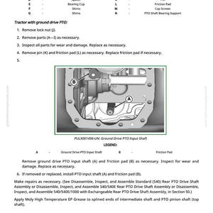 May include: Diagram of a tractor's ground drive PTO input shaft, with labeled parts A and B. The image includes a legend with part names like "Gear," "Bearing Cone," and "Friction Pad." Instructions for maintenance are also provided.