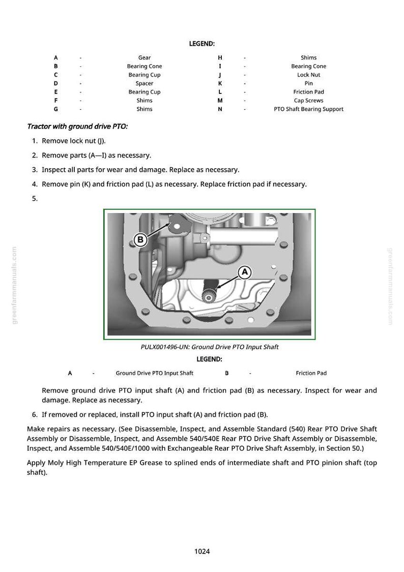May include: Diagram of a tractor's ground drive PTO input shaft, with labeled parts A and B. The image includes a legend with part names like "Gear," "Bearing Cone," and "Friction Pad." Instructions for maintenance are also provided.