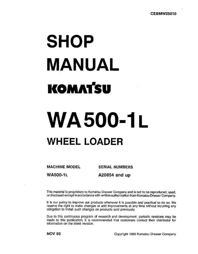 May include: A white shop manual for a Komatsu WA500-1L wheel loader. The cover features the text "SHOP MANUAL" in large, bold letters, along with the Komatsu logo and model information. The manual includes the machine model WA500-1L and serial numbers.