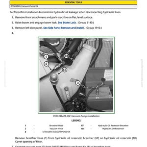 May include: Diagram illustrating vacuum pump installation. The image shows pump components, hoses, and a reservoir, with numbered and labelled parts. The image is from a technical manual, providing a step-by-step guide for the process.