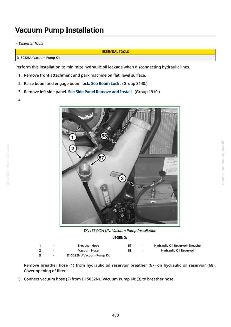 May include: Diagram illustrating vacuum pump installation. The image shows pump components, hoses, and a reservoir, with numbered and labelled parts. The image is from a technical manual, providing a step-by-step guide for the process.