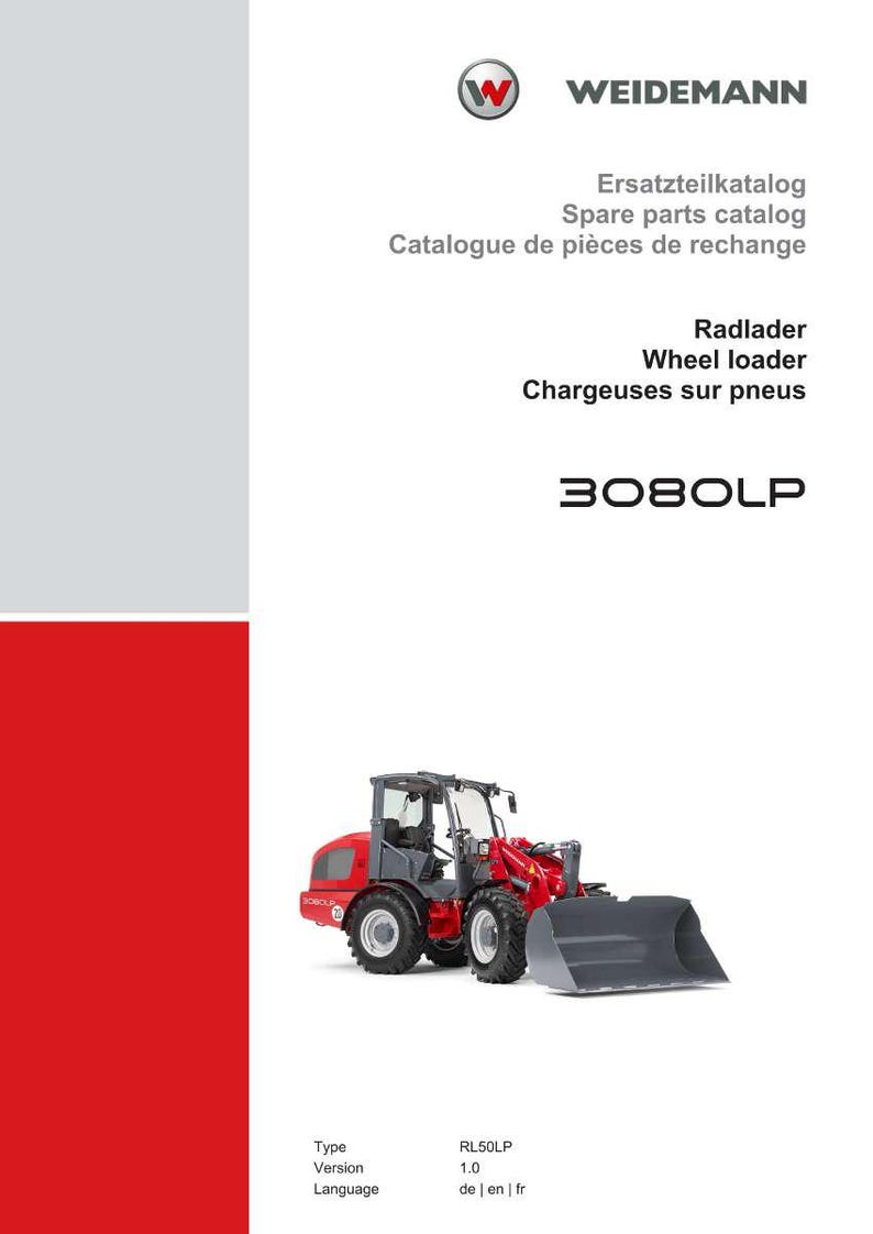 May include: A red and gray wheel loader, model RL50LP, is featured on a white background. The image includes the Weidemann logo and text in multiple languages, including "Spare parts catalog" and "Wheel loader."