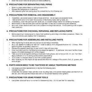 May include: White and black text on a white background detailing engine mechanical precautions for work. Sections include draining coolant, separating fuel piping, removal and disassembly, checking and replacing parts, assembling and installing parts, tightening methods, and using power tools.