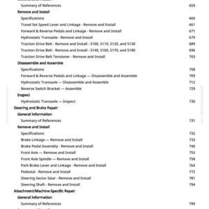 May include: A detailed page from a manual, featuring a table of contents with various repair and maintenance procedures. The text is black on a white background, with section titles like "Drivetrain Repair" and "Steering and Brake Repair."