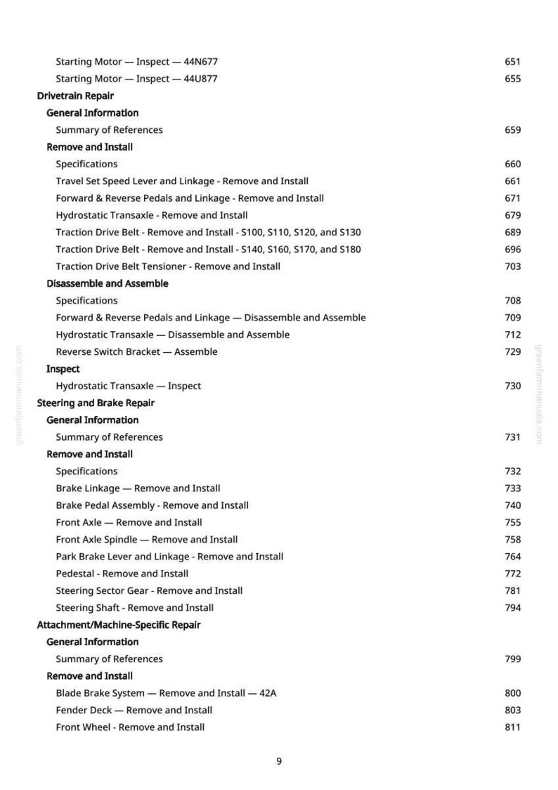 May include: A detailed page from a manual, featuring a table of contents with various repair and maintenance procedures. The text is black on a white background, with section titles like "Drivetrain Repair" and "Steering and Brake Repair."