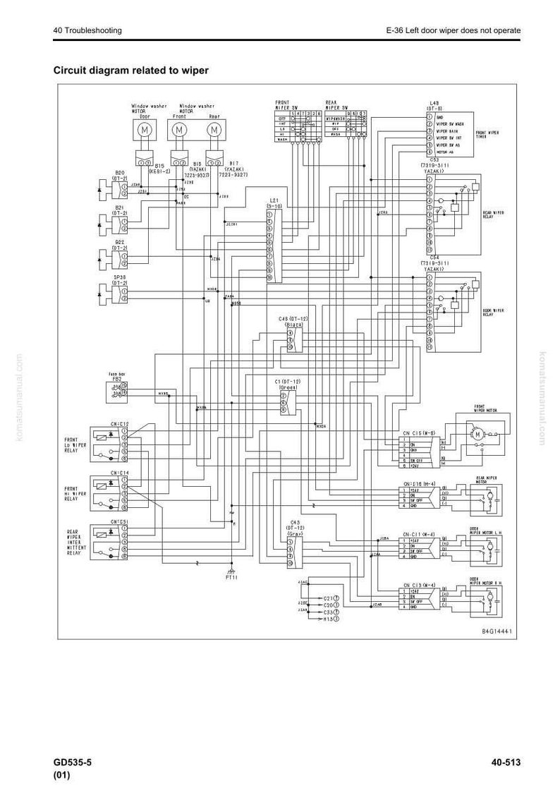 May include: A detailed circuit diagram related to a wiper system, with text indicating troubleshooting information. The diagram includes various components, relays, and wiring, with labels and symbols. The text includes "E-36 Left door wiper does not operate."