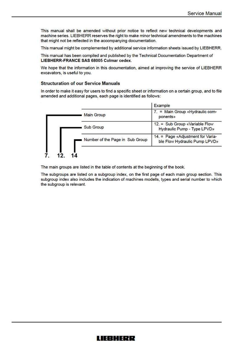 May include: A service manual page with the title "Service Manual" and the LIEBHERR logo at the bottom. The page includes text about the structure of service manuals, with examples of Main Group, Sub Group, and Page numbers.