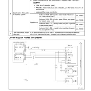 Może przedstawiać: Schemat techniczny z krokami rozwiązywania problem&oacute;w dla systemu kondensator&oacute;w. Schemat zawiera układ obwodu, szczeg&oacute;ły złączy i pomiary rezystancji w megaomach. Tekst zawiera "40 ROZWIĄZYWANIE PROBLEM&Oacute;W" i "FAILURE CODE [GA1UKZ]"