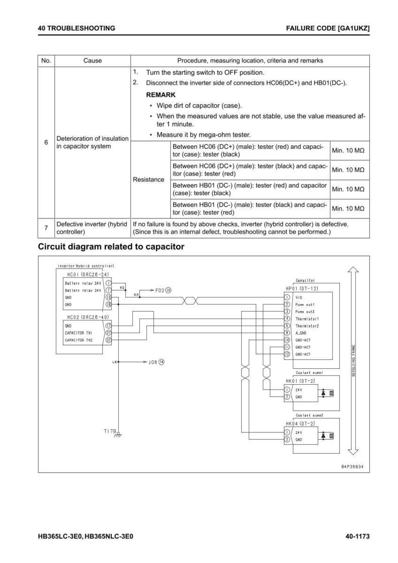 Może przedstawiać: Schemat techniczny z krokami rozwiązywania problem&oacute;w dla systemu kondensator&oacute;w. Schemat zawiera układ obwodu, szczeg&oacute;ły złączy i pomiary rezystancji w megaomach. Tekst zawiera "40 ROZWIĄZYWANIE PROBLEM&Oacute;W" i "FAILURE CODE [GA1UKZ]"