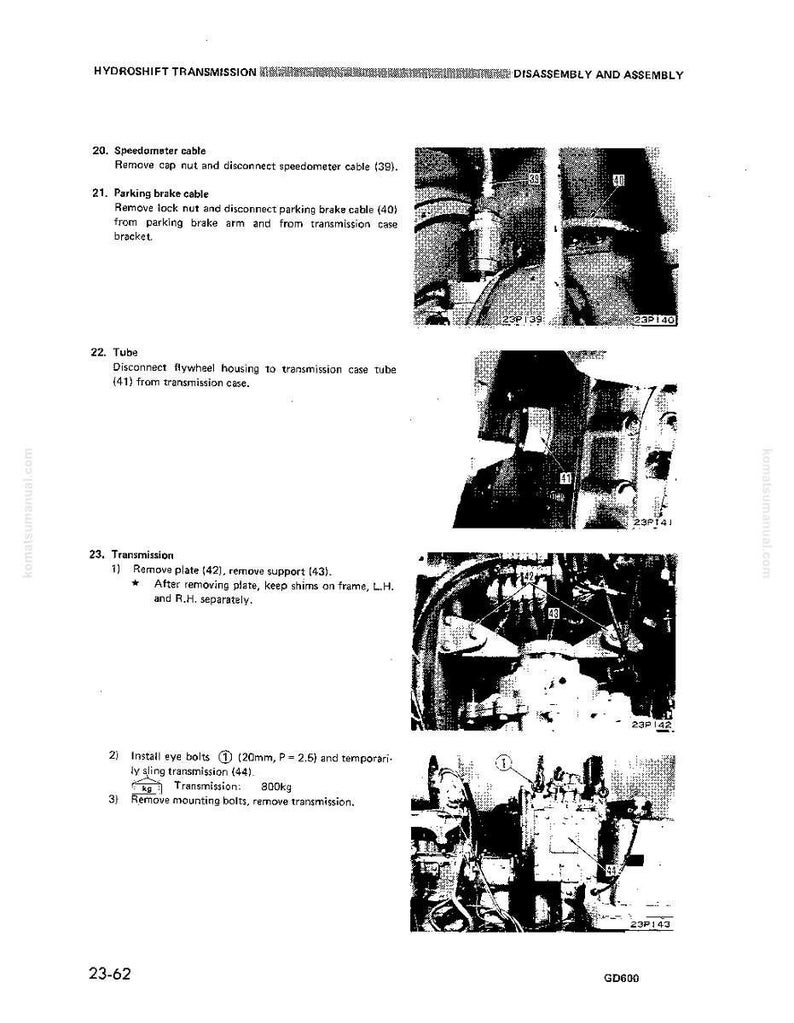 Puede incluir: Una p&aacute;gina de un manual que detalla el desmontaje y montaje de una transmisi&oacute;n hidrodin&aacute;mica. El texto incluye instrucciones para quitar cables, tubos y pernos, con diagramas y medidas en mil&iacute;metros y kilogramos.