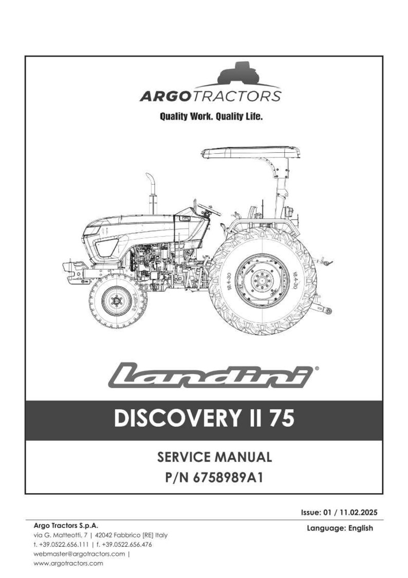 May include: A service manual for a Landini Discovery II 75 tractor. The cover displays a detailed line drawing of the tractor, the Argo Tractors logo, and the text "Quality Work. Quality Life."