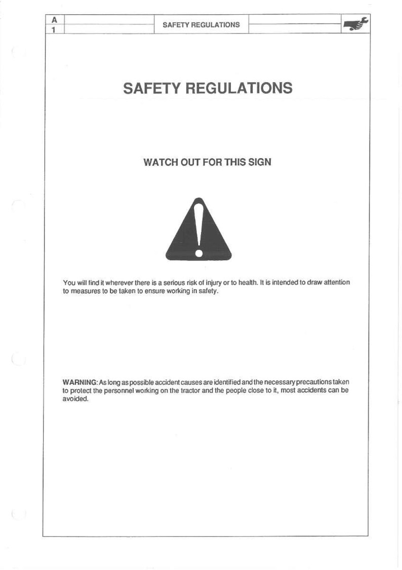 May include: A printed document titled "SAFETY REGULATIONS" with a warning sign. The document includes the text "WATCH OUT FOR THIS SIGN" and a warning about potential injury. The document also includes safety precautions.