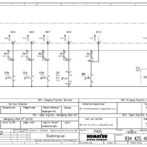 Peut inclure: Un sch&eacute;ma &eacute;lectrique d&eacute;taill&eacute; avec des symboles et des &eacute;tiquettes. Le diagramme comprend du texte en allemand et en anglais, avec des composants tels que des interrupteurs, des relais et un compteur de benne. Le logo Komatsu Mining Germany est visible.