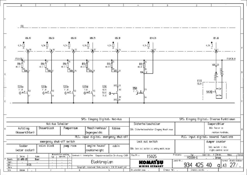 Peut inclure: Un sch&eacute;ma &eacute;lectrique d&eacute;taill&eacute; avec des symboles et des &eacute;tiquettes. Le diagramme comprend du texte en allemand et en anglais, avec des composants tels que des interrupteurs, des relais et un compteur de benne. Le logo Komatsu Mining Germany est visible.