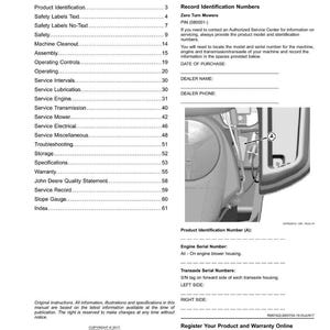 K&ouml;nnte beinhalten: Eine Seite aus einem Handbuch mit dem Titel "Inhalt" mit Abschnitten zu Produktidentifikation, Sicherheit und Service. Enth&auml;lt Diagramme und Bereiche zur Aufzeichnung von Maschinendetails. Das Handbuch ist f&uuml;r Zero Turn M&auml;her.