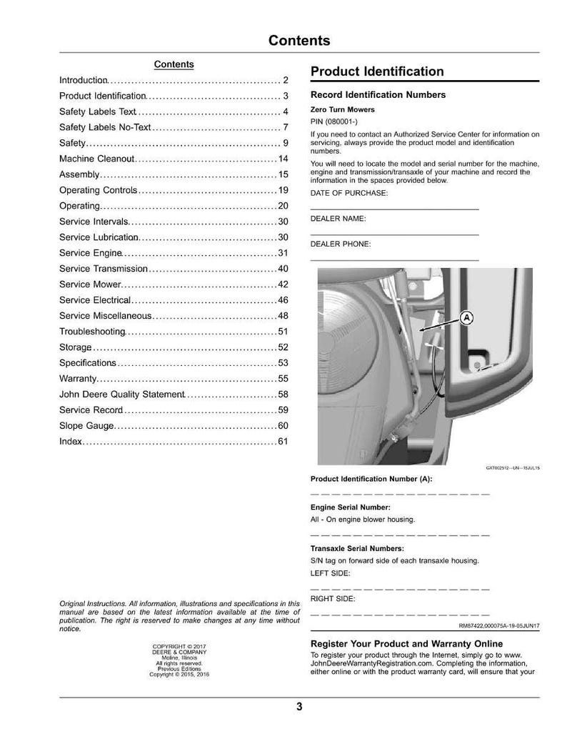 K&ouml;nnte beinhalten: Eine Seite aus einem Handbuch mit dem Titel "Inhalt" mit Abschnitten zu Produktidentifikation, Sicherheit und Service. Enth&auml;lt Diagramme und Bereiche zur Aufzeichnung von Maschinendetails. Das Handbuch ist f&uuml;r Zero Turn M&auml;her.