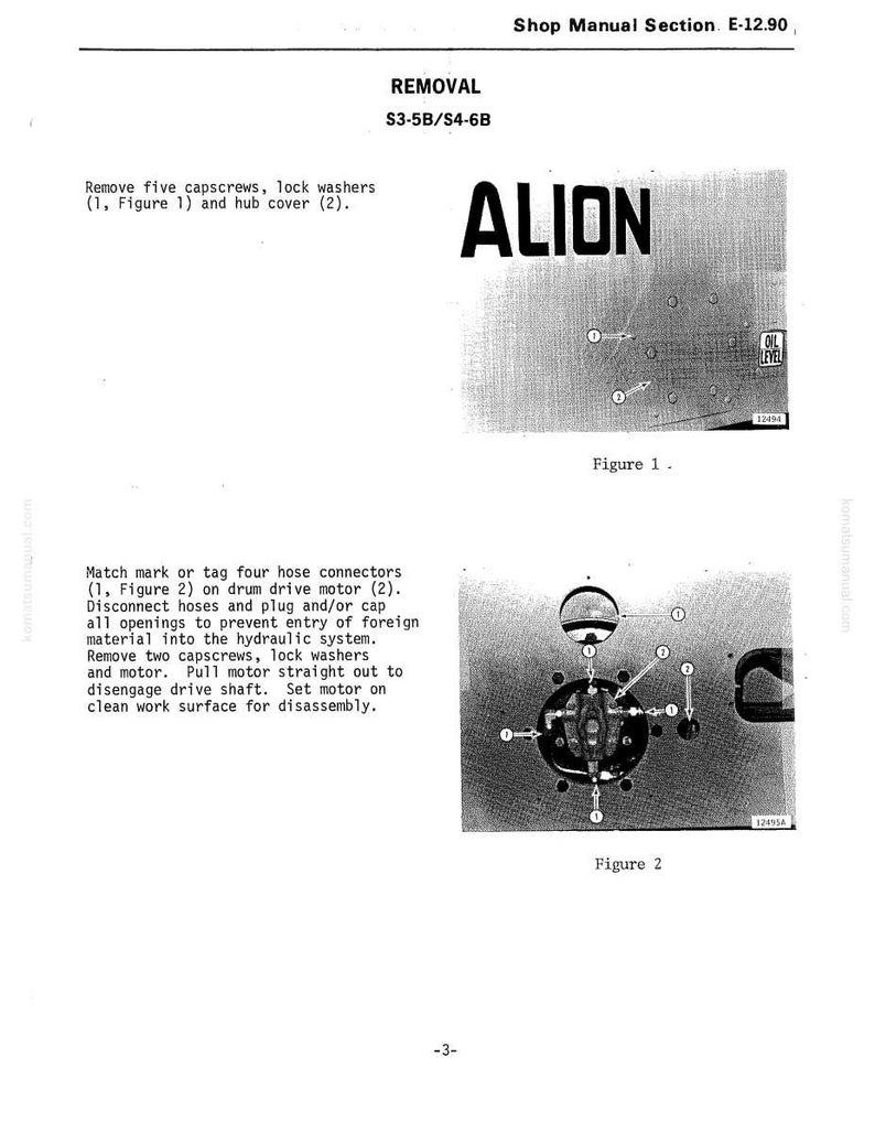 Puede incluir: Una p&aacute;gina de manual de taller con el t&iacute;tulo "REMOVAL" y el texto "ALION". La p&aacute;gina incluye diagramas etiquetados como "Figura 1" y "Figura 2" con instrucciones de desmontaje. La p&aacute;gina es en blanco y negro.