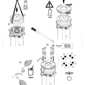 May include: Diagram of mechanical components with weight warnings. Includes a torque wrench, bolts, and a circular component with eight numbered holes. Measurements are in inches and pounds.