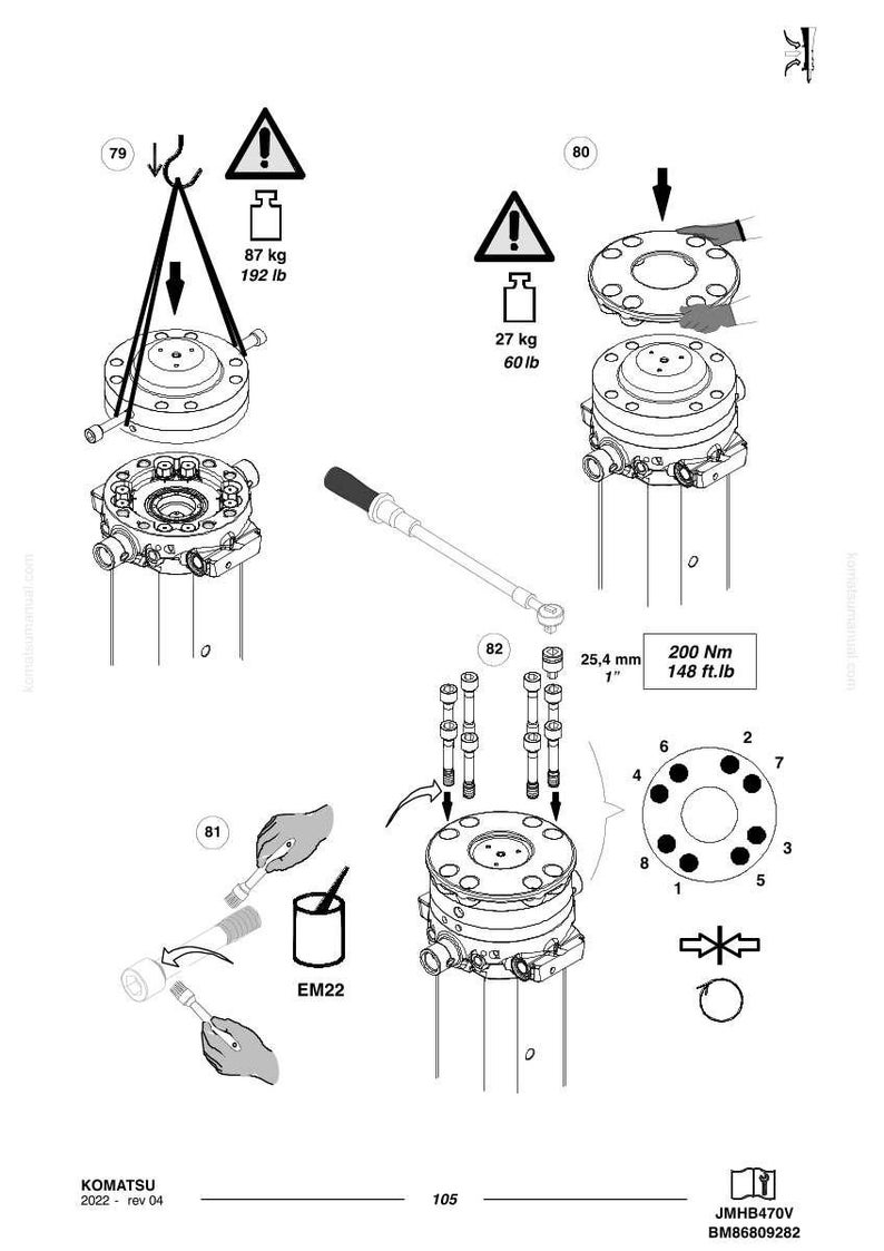 May include: Diagram of mechanical components with weight warnings. Includes a torque wrench, bolts, and a circular component with eight numbered holes. Measurements are in inches and pounds.