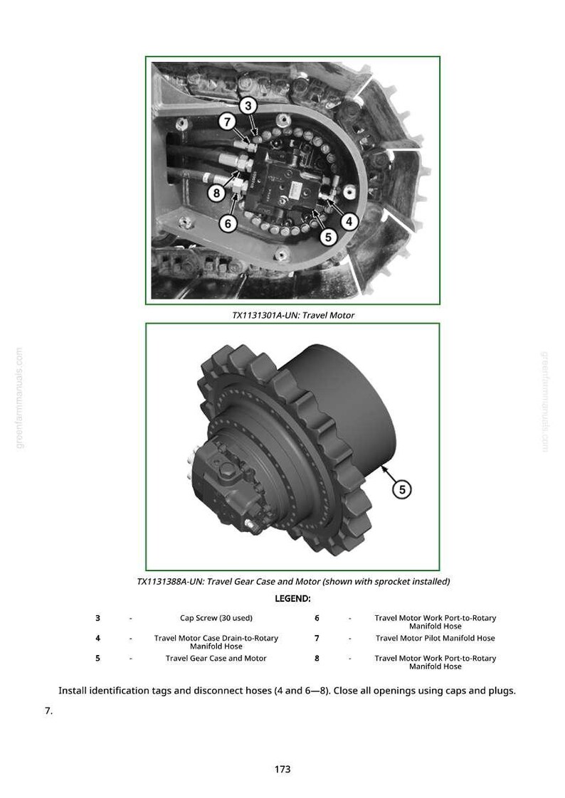 May include: Diagram of a travel motor and travel gear case with motor. The top image shows the motor with numbered components and hoses. The bottom image shows the gear case and motor with a sprocket installed. Text includes a legend.