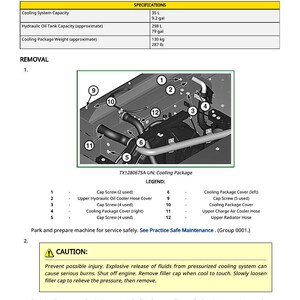 May include: Diagram of a cooling package removal and installation guide. The image includes a detailed diagram of the cooling system components, a legend, and safety instructions. Specifications include cooling system capacity and weight.