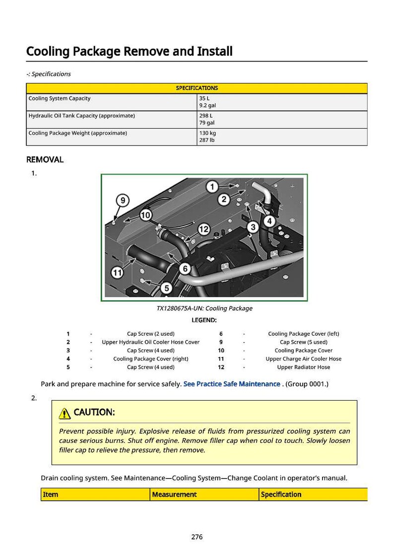 May include: Diagram of a cooling package removal and installation guide. The image includes a detailed diagram of the cooling system components, a legend, and safety instructions. Specifications include cooling system capacity and weight.