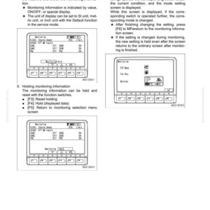 May include: Diagrams of a machine's monitoring system, displaying engine speed and other operational data. The screens show various settings and functions, including P/E mode and fan rev. mode, with options for holding and resetting information.