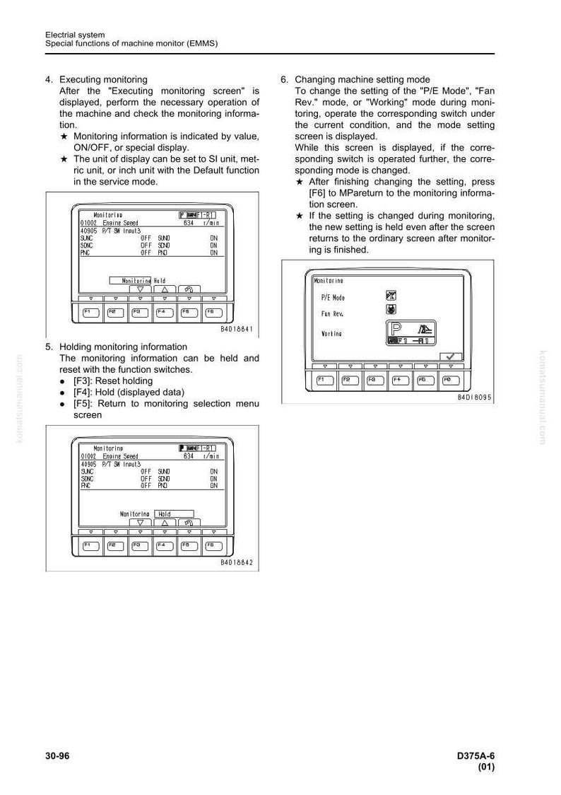 May include: Diagrams of a machine's monitoring system, displaying engine speed and other operational data. The screens show various settings and functions, including P/E mode and fan rev. mode, with options for holding and resetting information.