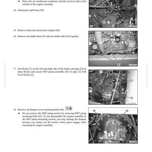May include: A technical diagram from a manual, detailing engine disassembly and assembly procedures. The image includes numbered steps, diagrams of engine components, and associated part numbers. Text includes instructions for removing hoses, clamps, and other parts.