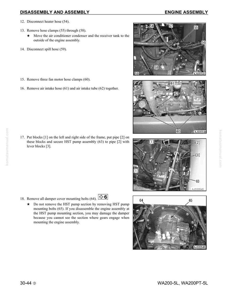 May include: A technical diagram from a manual, detailing engine disassembly and assembly procedures. The image includes numbered steps, diagrams of engine components, and associated part numbers. Text includes instructions for removing hoses, clamps, and other parts.