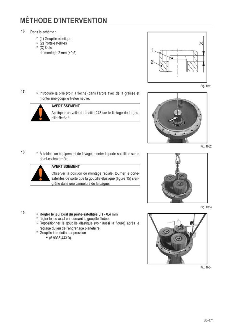 May include: A technical diagram with instructions for mechanical intervention. The document includes illustrations of components, such as a goupille &eacute;lastique and porte-satellites, with measurements in millimetres. Warnings and steps are provided for assembly and adjustment.