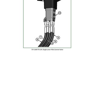May include: A detailed diagram of a single lever pilot control valve. The valve is composed of a black handle, a silver body, and multiple black hoses. The text "TX1124017A-UN: Single Lever Pilot Control Valve" is visible.
