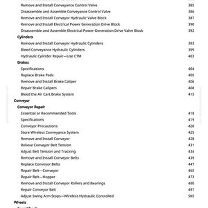 Peut inclure: Une table des mati&egrave;res d&eacute;taill&eacute;e d'un manuel, &eacute;num&eacute;rant diverses proc&eacute;dures de maintenance et de r&eacute;paration pour les machines industrielles. Le texte est noir sur fond blanc, couvrant des sujets tels que les vannes, les cylindres, les freins et les convoyeurs.