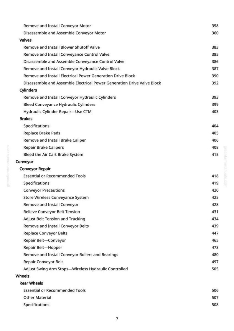 Peut inclure: Une table des mati&egrave;res d&eacute;taill&eacute;e d'un manuel, &eacute;num&eacute;rant diverses proc&eacute;dures de maintenance et de r&eacute;paration pour les machines industrielles. Le texte est noir sur fond blanc, couvrant des sujets tels que les vannes, les cylindres, les freins et les convoyeurs.