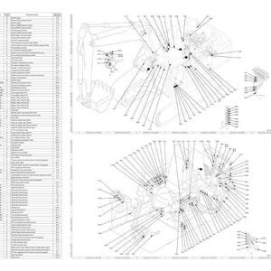 K&ouml;nnte beinhalten: Detaillierte technische Diagramme von Komponenten schwerer Maschinen, darunter ein Baggerarm, Motorteile und ein Kabinenrahmen. Die Diagramme sind mit zahlreichen Linien und Beschriftungen versehen und bieten einen umfassenden Blick auf die Innenstruktur.