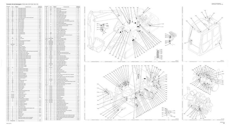 K&ouml;nnte beinhalten: Detaillierte technische Diagramme von Komponenten schwerer Maschinen, darunter ein Baggerarm, Motorteile und ein Kabinenrahmen. Die Diagramme sind mit zahlreichen Linien und Beschriftungen versehen und bieten einen umfassenden Blick auf die Innenstruktur.