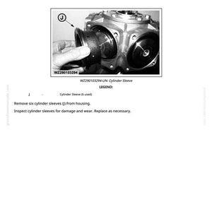 May include: Black and white diagram illustrating the removal of a cylinder sleeve from a mechanical component. The image includes text instructions and labels, such as "WZ290103294-UN: Cylinder Sleeve" and "Remove six cylinder sleeves (J) from housing."