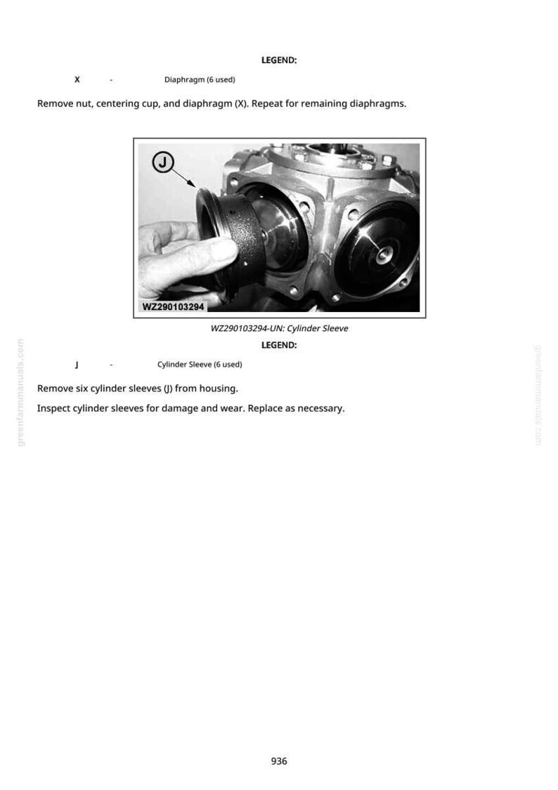 May include: Black and white diagram illustrating the removal of a cylinder sleeve from a mechanical component. The image includes text instructions and labels, such as "WZ290103294-UN: Cylinder Sleeve" and "Remove six cylinder sleeves (J) from housing."