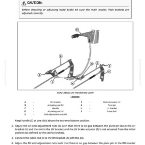 K&ouml;nnte beinhalten: Diagramm einer Handbremshebelbaugruppe mit Beschriftungen und einem Warnhinweis. Das Diagramm umfasst Teile wie die RH-Halterung, den Griff und den Bremsaktuator, mit einer Legende. Text enth&auml;lt Anweisungen zur Einstellung.