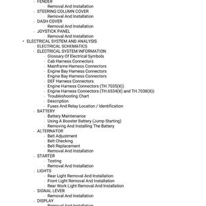 May include: A detailed list of mechanical and electrical system components, including removal and installation procedures. The text includes sections on the attachment carrier, fender, dash cover, and electrical schematics. The document also covers battery maintenance and alternator adjustments.