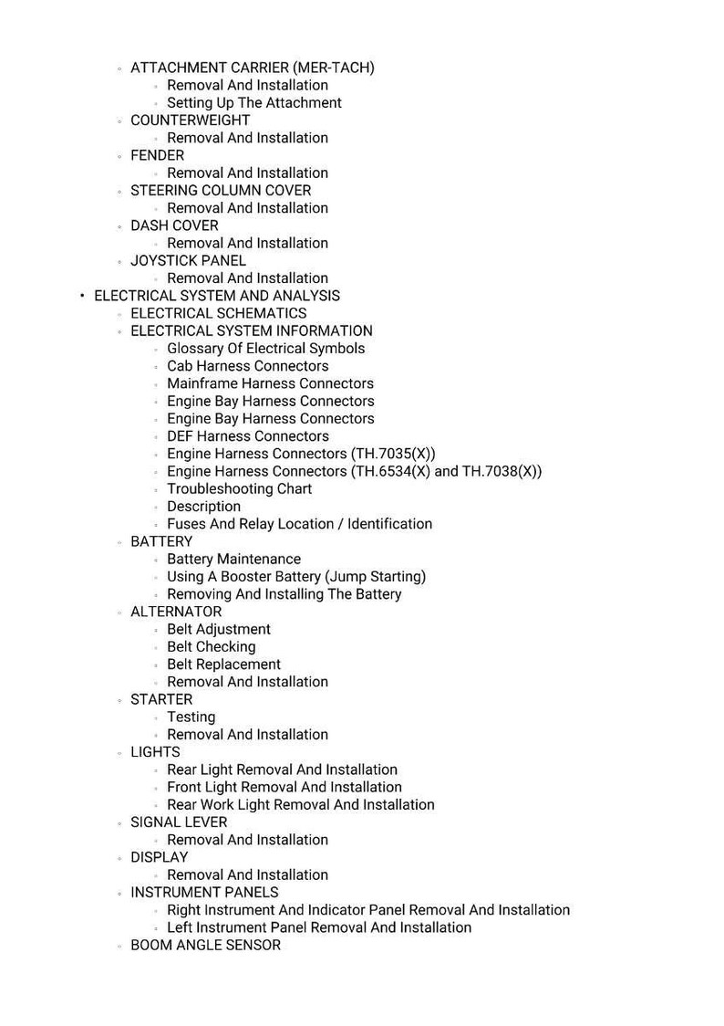 May include: A detailed list of mechanical and electrical system components, including removal and installation procedures. The text includes sections on the attachment carrier, fender, dash cover, and electrical schematics. The document also covers battery maintenance and alternator adjustments.