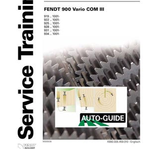 May include: A training manual for the Fendt 900 Vario COM III system. The cover features the text "Service Training" in large, bold letters. The manual includes diagrams and the "Auto-Guide" logo.