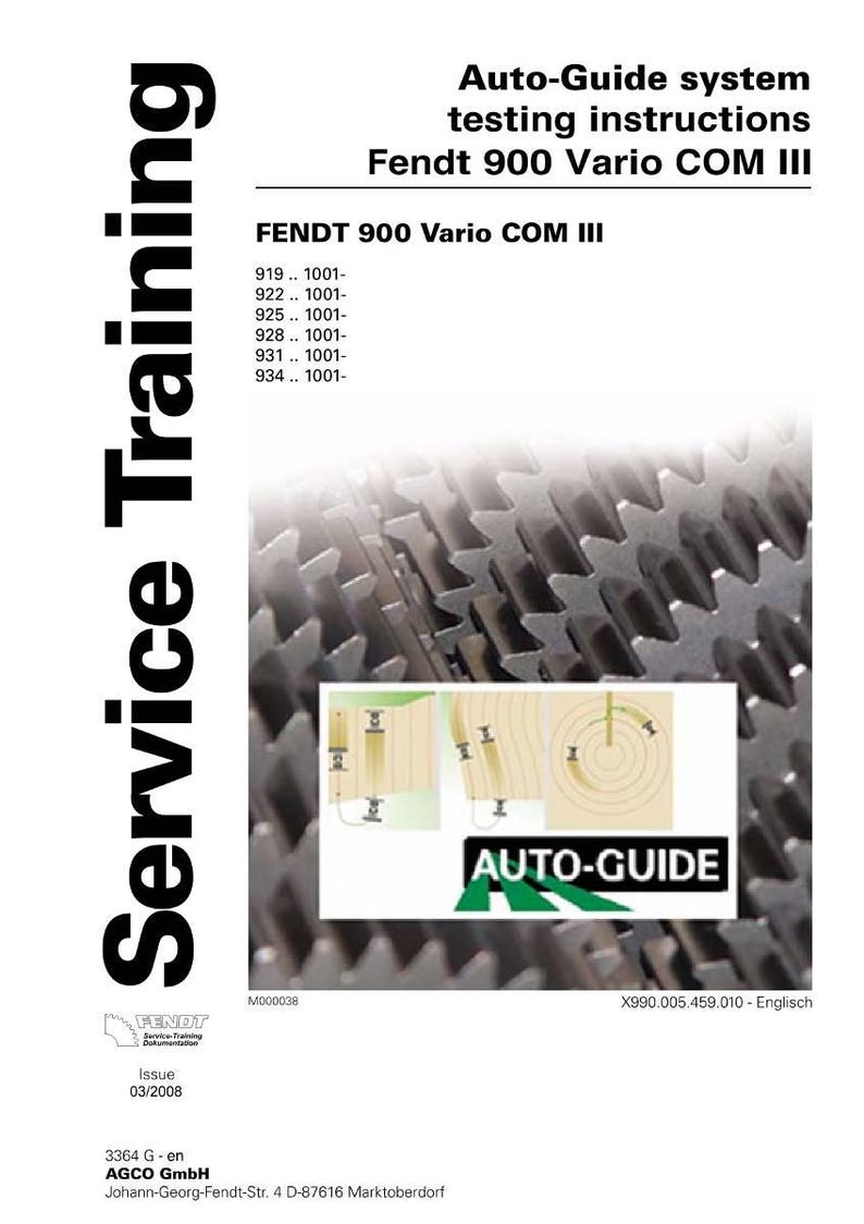 May include: A training manual for the Fendt 900 Vario COM III system. The cover features the text "Service Training" in large, bold letters. The manual includes diagrams and the "Auto-Guide" logo.