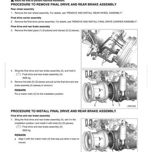 May include: Diagram of a final drive and rear brake assembly removal and installation procedure. The image includes detailed illustrations of the assembly components, with labels and instructions. Text includes safety precautions and step-by-step guidance.