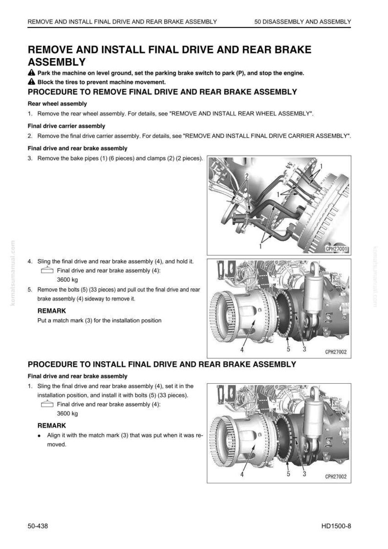 May include: Diagram of a final drive and rear brake assembly removal and installation procedure. The image includes detailed illustrations of the assembly components, with labels and instructions. Text includes safety precautions and step-by-step guidance.