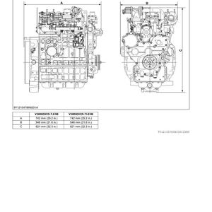 K&ouml;nnte beinhalten: Diagramm von zwei V3800DICR-T-E3B-Motoren mit den Ma&szlig;en A, B und C. Die Ma&szlig;e sind in Zoll und Millimetern angegeben. Das Diagramm enth&auml;lt eine Tabelle mit Motorspezifikationen.