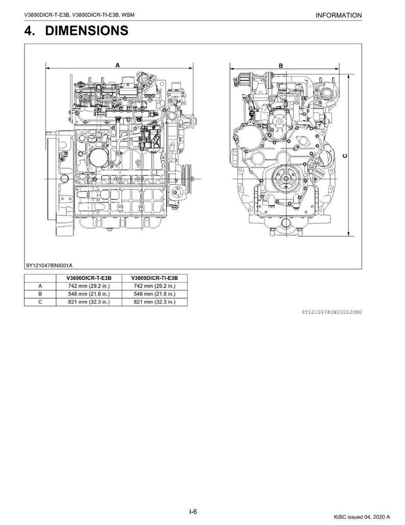K&ouml;nnte beinhalten: Diagramm von zwei V3800DICR-T-E3B-Motoren mit den Ma&szlig;en A, B und C. Die Ma&szlig;e sind in Zoll und Millimetern angegeben. Das Diagramm enth&auml;lt eine Tabelle mit Motorspezifikationen.
