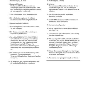 May include: A document with German and English text, providing instructions for ordering spare parts. The document includes details on machine type, serial numbers, and part descriptions. It also mentions warranty information and return policies.