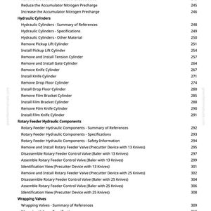 May include: A page from a manual with a table of contents. The text includes titles such as "Hydraulic Cylinders", "Rotary Feeder Hydraulic Components", and "Wrapping Valves". The page numbers are listed on the right.