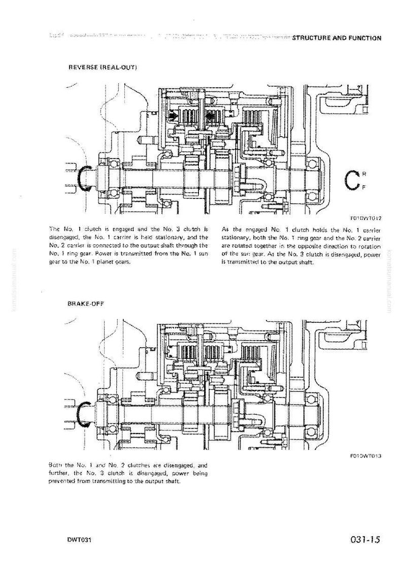 Puede incluir: Diagrama t&eacute;cnico de un componente mec&aacute;nico, con las etiquetas "REVERSE (REAL-OUT)" y "BRAKE-OFF." La imagen incluye dibujos lineales detallados y texto explicativo. El diagrama es en blanco y negro.